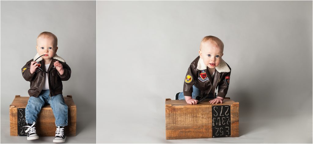 12 month baby portrait, baby bomber jacket