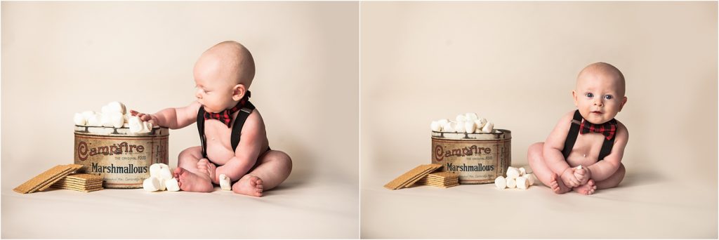 6 month baby portrait with vintage marshmallow tin